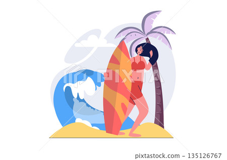 Hobby concept in modern flat design for web. Woman with surfboard doing extreme water sport at seaside resort, surfing and relaxing in favorite leisure and pastime activity. Vector illustration. Hobby concept in modern flat design for web. Woman with surfboard doing extreme water sport at seaside resort, surfing and relaxing in favorite leisure and pastime activity. Vector illustration. 135126767