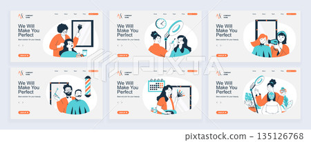 Beauty salon concept of landing page with slide templates set in flat design. Website headers with people doing haircut or hairstyle, get face cream, beard shaving in barbershop. Vector illustrations. 135126768
