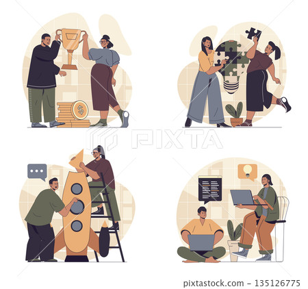 Teamwork concept scenes set in flat web design. People in situations of business winning award, developing project, solving problems, launching startup, generating idea together. Vector illustrations. 135126775