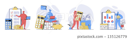 Planning financial budget concept set in flat design for web. Collection with people analyzing personal money and accounts, calculating finance, creating strategy with calendar. Vector illustrations. 135126779