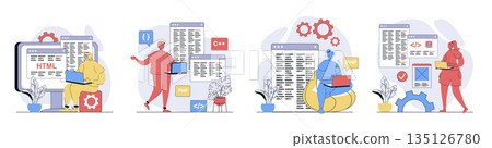 Programmer working concept set in flat design for web. Collection with people programming at different computer languages, creating code at screens, developing new it products. Vector illustrations. 135126780