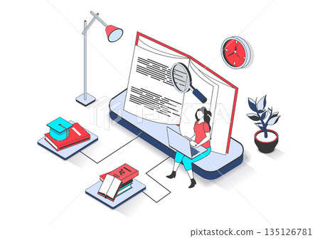 Education 3d isometric concept with isometry people design for web. Woman learning distantly using laptop, reading textbooks, making homework online and studying at university. Vector illustration. 135126781