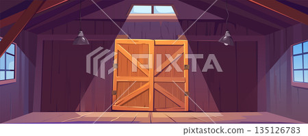 Wooden storehouse or barn interior background banner for game design. Storage room inside or rustic shed with big closed gates, windows, hanging lamp lights, wood ceiling. Vector cartoon illustration Wooden storehouse or barn interior background banner for game design. Storage room inside or rustic shed with big closed gates, windows, hanging lamp lights, wood ceiling. Vector cartoon illustration 135126783
