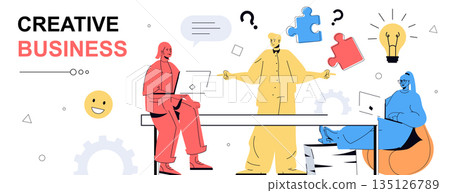 Creative business concept in flat cartoon design for web banner. People thinking and finding best solutions, brainstorming at meeting, develop company with teamwork cooperation. Vector illustration. 135126789