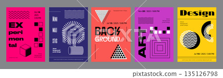 Abstract cover typography template. Posters layouts with vibrant minimal compositions with cube, cylinder, triangle, circle, simple shapes. Modern banners set in retro design. Vector illustration. 135126798