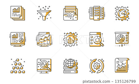 Data analysis icons set in outline stroke design for web. Pack line pictograms with graph, funnel, document, speedometer, statistic webpage, chart growth, settings, search, other. Vector illustration. 135126799
