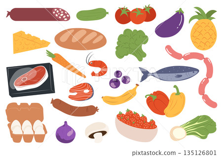 Food products set elements in flat graphic design. Collection of sausage, cucumber, tomato, eggplant, pineapple, cheese, bread, broccoli, steak, carrot, shrimp, fish, egg, other. Vector illustration. 135126801