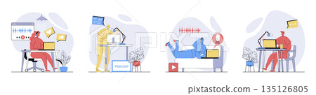 Podcast streaming concept set in flat design for web. Collection with people in headphones broadcasting, radio host talks in microphone, creating audio content, follower listen. Vector illustrations. 135126805