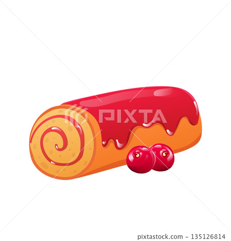 Biscuit roll with cherry in flat design. Sweet spiral cake with berry jam. Vector illustration isolated. Biscuit roll with cherry in flat design. Sweet spiral cake with berry jam. Vector illustration isolated. 135126814