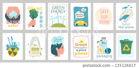 Ecology cover typography template for posters, prints. Minimalistic banners set with save water, plant trees, alternative transport, industry, eco bag, think green, bio, other. Vector illustration. 135126817