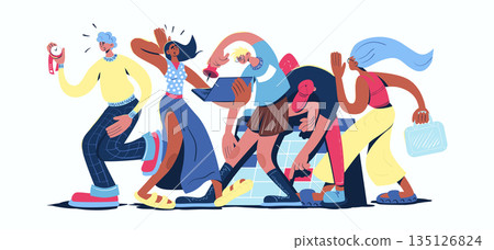 Teamwork concept in cartoon web design. People working in team to deadline, doing tasks at laptop, planning project, colleagues cooperating. Flat vector illustration isolated on white background. 135126824