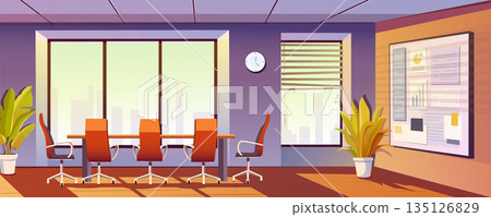 Conference room interior background banner for game design. Meeting boardroom with desk and chairs, presentation board, bis windows. Office for coworking and brainstorming. Vector cartoon illustration 135126829