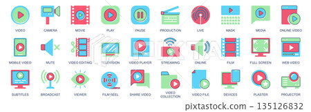 Video icon set in flat color icons web design. Pack pictograms with camera, movie, play, pause, production, live, mask, media, mute, editing, television, player, streaming, other. Vector illustration. 135126832