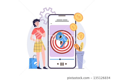 Video marketing concept in modern flat design for web. Woman creating trendy video content to target audience, doing success internet promotion and earning financial profit. Vector illustration. 135126834