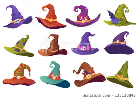 Sorceress hats mega set elements in flat graphic design. Bundle objects of different Halloween witch hats with pointy cones and ribbons with spooky decoration, masquerade costume. Vector illustration. 135126842