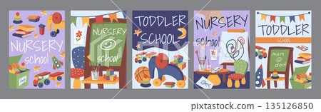 Nursery school typography template posters. Vertical covers with toddler education in kindergarten classrooms with blackboards and toys. Modern banners set in minimalism design. Vector illustration. Nursery school typography template posters. Vertical covers with toddler education in kindergarten classrooms with blackboards and toys. Modern banners set in minimalism design. Vector illustration. 135126850