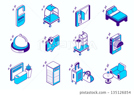 Hotel infrastructure concept 3d isometric icons set for web isometry design. Collection elements of room service, door key, bed, restaurant, rating, cleaning, online booking, more. Vector illustration 135126854
