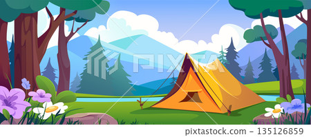 Camping tent in summer forest background banner for game design. Backpacking campground at meadow with wildflowers at morning time near lake in wood with mountains view. Vector cartoon illustration Camping tent in summer forest background banner for game design. Backpacking campground at meadow with wildflowers at morning time near lake in wood with mountains view. Vector cartoon illustration 135126859