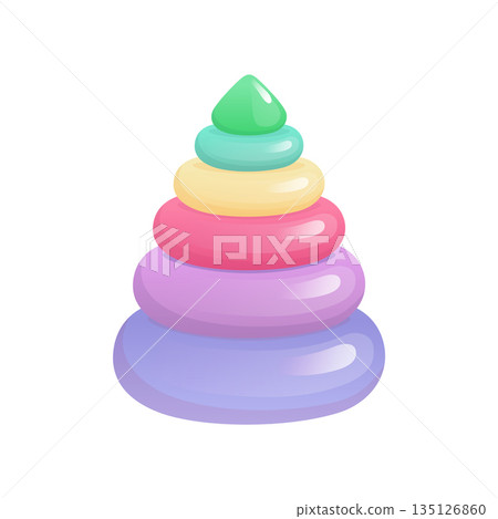 Baby pyramid in flat design. Toy tower with rings stacking for kid learning. Vector illustration isolated. Baby pyramid in flat design. Toy tower with rings stacking for kid learning. Vector illustration isolated. 135126860