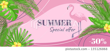 Summer horizontal sale banner. Shopping promotion poster template with green lush silhouettes of tropical palms foliage and monstera leaves, jungle leaflets and pink flamingo. Vector illustration. 135126868