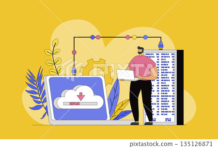 Hosting provider concept with modern flat design for web. Man working in technical support of Internet provider, maintains datacenter work, monitors traffic and security system. Vector illustration. Hosting provider concept with modern flat design for web. Man working in technical support of Internet provider, maintains datacenter work, monitors traffic and security system. Vector illustration. 135126871