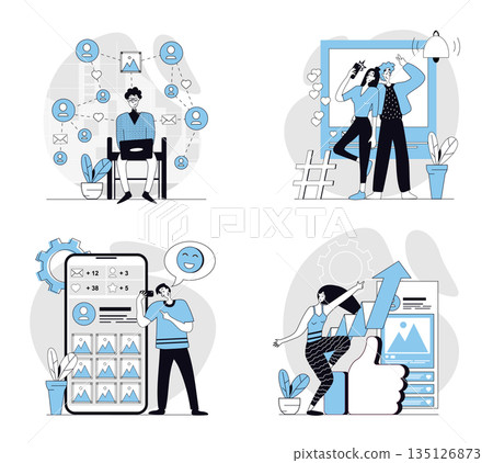 Social network concept set in flat design for web. Collection with people connecting online with internet friends, taking selfies, posting online, collect likes, developing blog. Vector illustrations. 135126873
