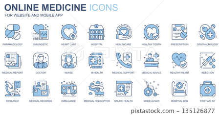 Online medicine web icons set in duotone line design. Pack of pharmacology, diagnosis, heart care, hospital, healthcare, healthy tooth, doctor, other outline stroke pictograms. Vector illustration Online medicine web icons set in duotone line design. Pack of pharmacology, diagnosis, heart care, hospital, healthcare, healthy tooth, doctor, other outline stroke pictograms. Vector illustration 135126877