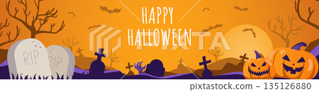 Happy Halloween banner design. Party invitation orange template with cemetery, tombstones and crosses, flying spooky bats, creepy pumpkins, huge moon, zombie, tree branches. Vector illustration. Happy Halloween banner design. Party invitation orange template with cemetery, tombstones and crosses, flying spooky bats, creepy pumpkins, huge moon, zombie, tree branches. Vector illustration. 135126880