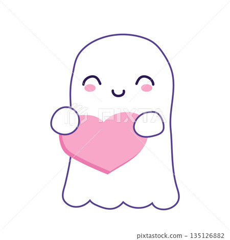 Halloween cute ghost in flat design. Lovely spirit holding heart sign. Vector illustration isolated. 135126882