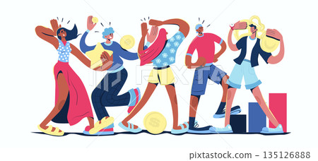 Business award concept in cartoon web design. People work in team, achieving success, celebrating victory with gold cup, stars and money reward. Flat vector illustration isolated on white background. Business award concept in cartoon web design. People work in team, achieving success, celebrating victory with gold cup, stars and money reward. Flat vector illustration isolated on white background. 135126888