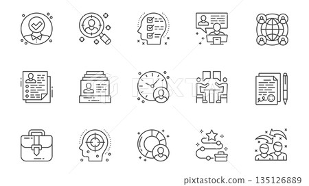 Recruitment icons set in outline stroke design for web. Pack line pictograms with candidate approve, hiring, searching resume, checklist, video interview, global company, other. Vector illustration. 135126889