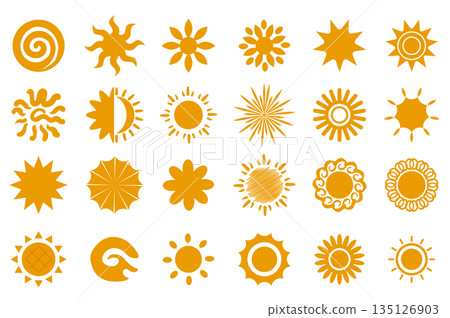 Yellow sun icon set in flat graphic design. Collection isolated elements with different types of simple summer circle symbols with sunbeams, sunbursts, sunshines, swirl rays. Vector illustration. Yellow sun icon set in flat graphic design. Collection isolated elements with different types of simple summer circle symbols with sunbeams, sunbursts, sunshines, swirl rays. Vector illustration. 135126903