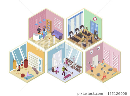 Fitness gym 3d isometric rooms concept in isometry graphic design for web. People registering at sport club reception, training at treadmills, boxing or weightlifting, doing yoga. Vector illustration. 135126906