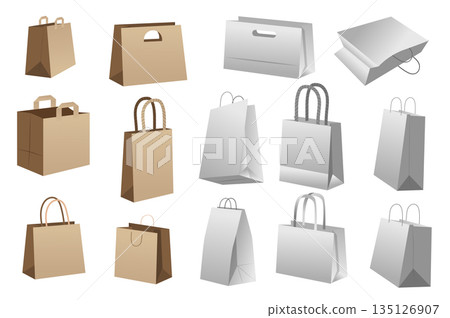 Shopping bag mega set realistic elements in flat graphic design. Bundle objects of blank brown and white paper packages, disposable and recycling packet mockups with handles. Vector illustration. Shopping bag mega set realistic elements in flat graphic design. Bundle objects of blank brown and white paper packages, disposable and recycling packet mockups with handles. Vector illustration. 135126907