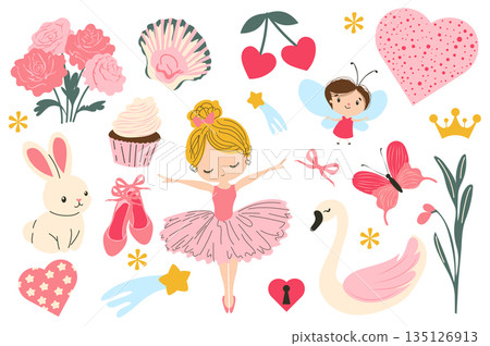 Lucky girls stickers set in flat graphic design. Collection elements of ballerina, flower bouquet, seashell, cherry, star, butterfly, cupcake, bunny, other soft pink girly signs. Vector illustration. 135126913