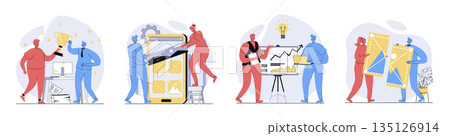 Teamwork concept set in flat design for web. Collection with people working together, celebrating career winning award, developing project, doing tasks in team, brainstorming. Vector illustrations. Teamwork concept set in flat design for web. Collection with people working together, celebrating career winning award, developing project, doing tasks in team, brainstorming. Vector illustrations. 135126914
