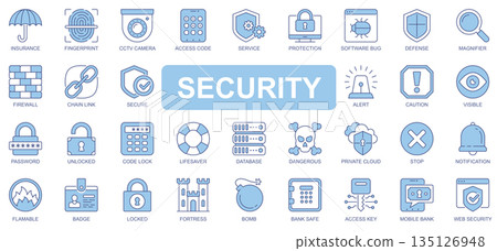Security icons set in duotone outline stroke design for web. Pack pictograms of insurance, fingerprint, cctv camera, access code, protection, software bug, firewall, link, other. Vector illustration. 135126948
