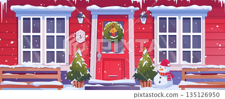 Christmas entrance at house background for banner design. Festive decoration at exterior with red walls, wreath at door, pine trees, snowman, snowy benches and windows. Vector cartoon illustration Christmas entrance at house background for banner design. Festive decoration at exterior with red walls, wreath at door, pine trees, snowman, snowy benches and windows. Vector cartoon illustration 135126950