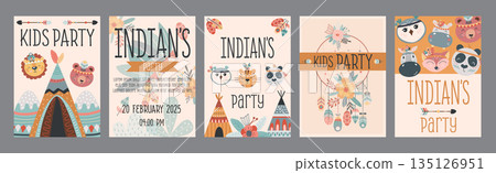 Kids party typography template posters. Vertical covers with cute animals with feathers, indian tribal ornaments, bohemian tents, other. Modern banners set in minimalism design. Vector illustration. Kids party typography template posters. Vertical covers with cute animals with feathers, indian tribal ornaments, bohemian tents, other. Modern banners set in minimalism design. Vector illustration. 135126951