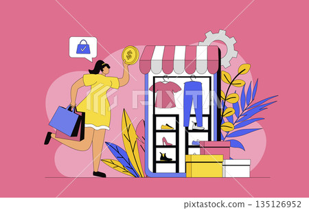 Commerce in mobile app concept with modern flat design for web. Woman looking discounts and deals in online stores, making purchases with safe internet payments, using delivery. Vector illustration. Commerce in mobile app concept with modern flat design for web. Woman looking discounts and deals in online stores, making purchases with safe internet payments, using delivery. Vector illustration. 135126952