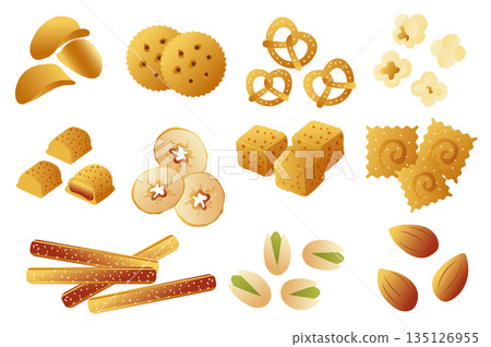 Salty snacks set in flat cartoon graphic design. Collection isolated elements of potato chips, crackers, popcorn, crunchy croutons, baked sticks, pistachios and almonds other. Vector illustration. Salty snacks set in flat cartoon graphic design. Collection isolated elements of potato chips, crackers, popcorn, crunchy croutons, baked sticks, pistachios and almonds other. Vector illustration. 135126955