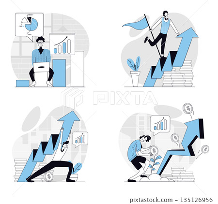 Business growth concept set in flat design for web. Collection with people making data analysis, developing project and getting arrow up graph and financial rise statistic. Vector illustrations. Business growth concept set in flat design for web. Collection with people making data analysis, developing project and getting arrow up graph and financial rise statistic. Vector illustrations. 135126956