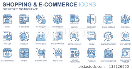 Shopping and e-commerce web icons set in duotone line design. Pack of store, m-commerce, product, delivery, best offer, online discount, wish list, other outline stroke pictograms. Vector illustration 135126960