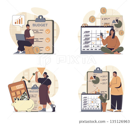 Planning financial budget concept scenes set in flat web design. People in situations of controlling personal finance and expense, making money analysis, creating cash strategy. Vector illustrations. Planning financial budget concept scenes set in flat web design. People in situations of controlling personal finance and expense, making money analysis, creating cash strategy. Vector illustrations. 135126963