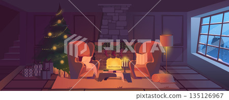 Christmas living room background for banner design. Empty room interior with warm fireplace, armchairs with pillows, festive trees and gift boxes, window with winter view. Vector cartoon illustration 135126967