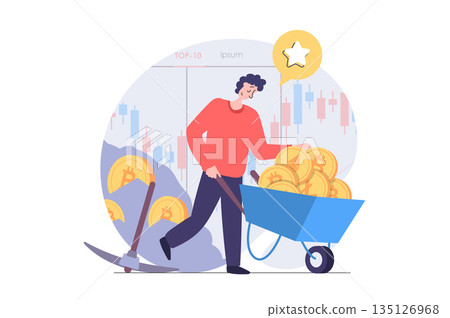 Cryptocurrency mining concept in modern flat design for web. Man miner with wheelbarrow getting different crypto coins, working with data at bitcoin farm and selling at stock. Vector illustration. 135126968
