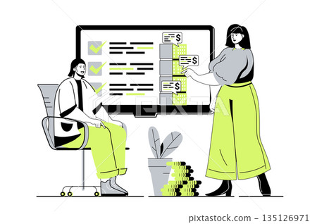 Real estate web concept with flat cartoon people for website design. Man and woman choosing new apartments for rent or house for buying, discussing housing projects with broker. Vector illustration. 135126971