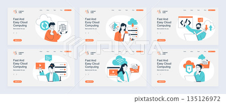 Cloud computing concept of landing page with slide templates set in flat design. Website headers with people do online sync, work with digital files and using cloud storage. Vector illustrations. Cloud computing concept of landing page with slide templates set in flat design. Website headers with people do online sync, work with digital files and using cloud storage. Vector illustrations. 135126972