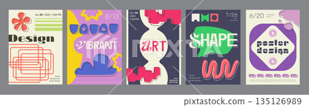 Minimalism geometric poster cover set. A4 banners with brutalism shapes, simple forms and frames elements, colourful playful colours. Modernism art design with Y2K aesthetics. Vector illustration. Minimalism geometric poster cover set. A4 banners with brutalism shapes, simple forms and frames elements, colourful playful colours. Modernism art design with Y2K aesthetics. Vector illustration. 135126989