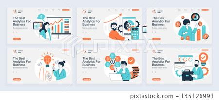 Business analytics concept of landing page with slide templates set in flat design. Website headers with people analyzing data graphs, monitoring, calculating financial report. Vector illustrations. 135126991